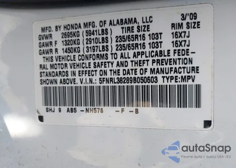 2009 Honda Odyssey Lx z USA, uszkodzony, nr VIN 5FNRL38289B050603